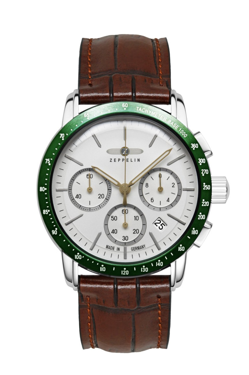 HAU, Zeppelin New York Chronopraph Cal. 6S20, silver/green Steelcase 42mm, water resistant 5atm, Min